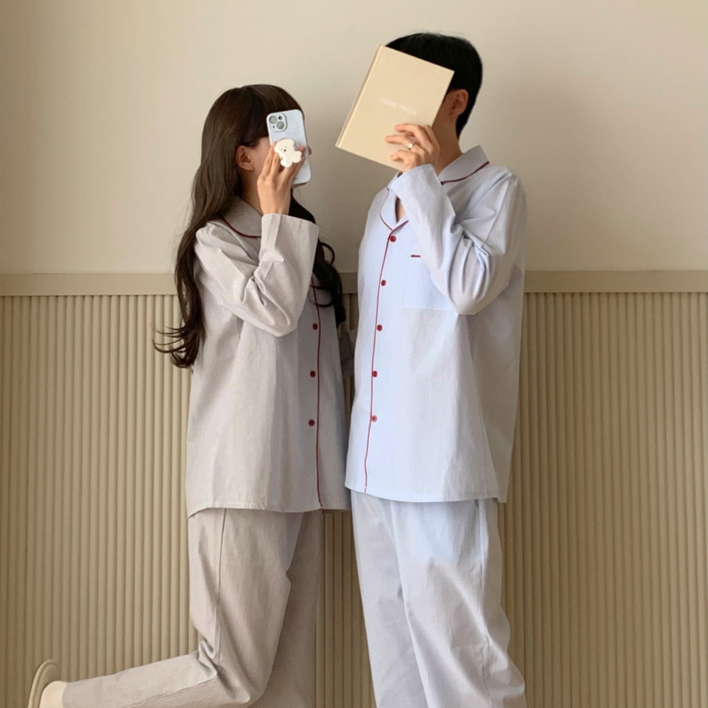 순면잠옷 커플파자마 신혼부부잠옷 가을 긴팔 스트라이프 크리스마스 홈웨어 세트 이미지 6