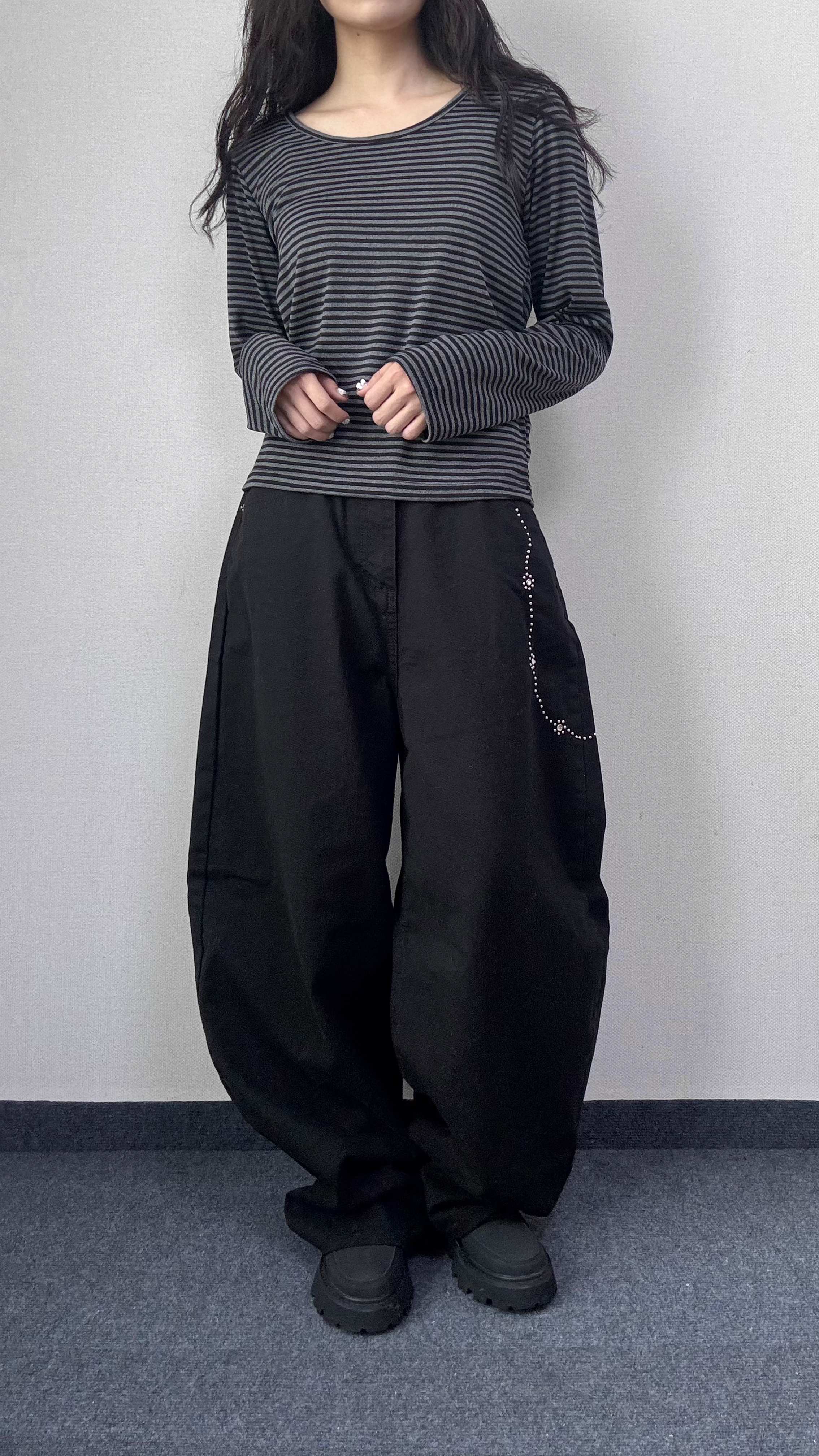 스터드팬츠 롱 블랙 검정 와이드 코튼 면 팬츠 바지 여성 여자 [3사이즈] - 상세 이미지 3