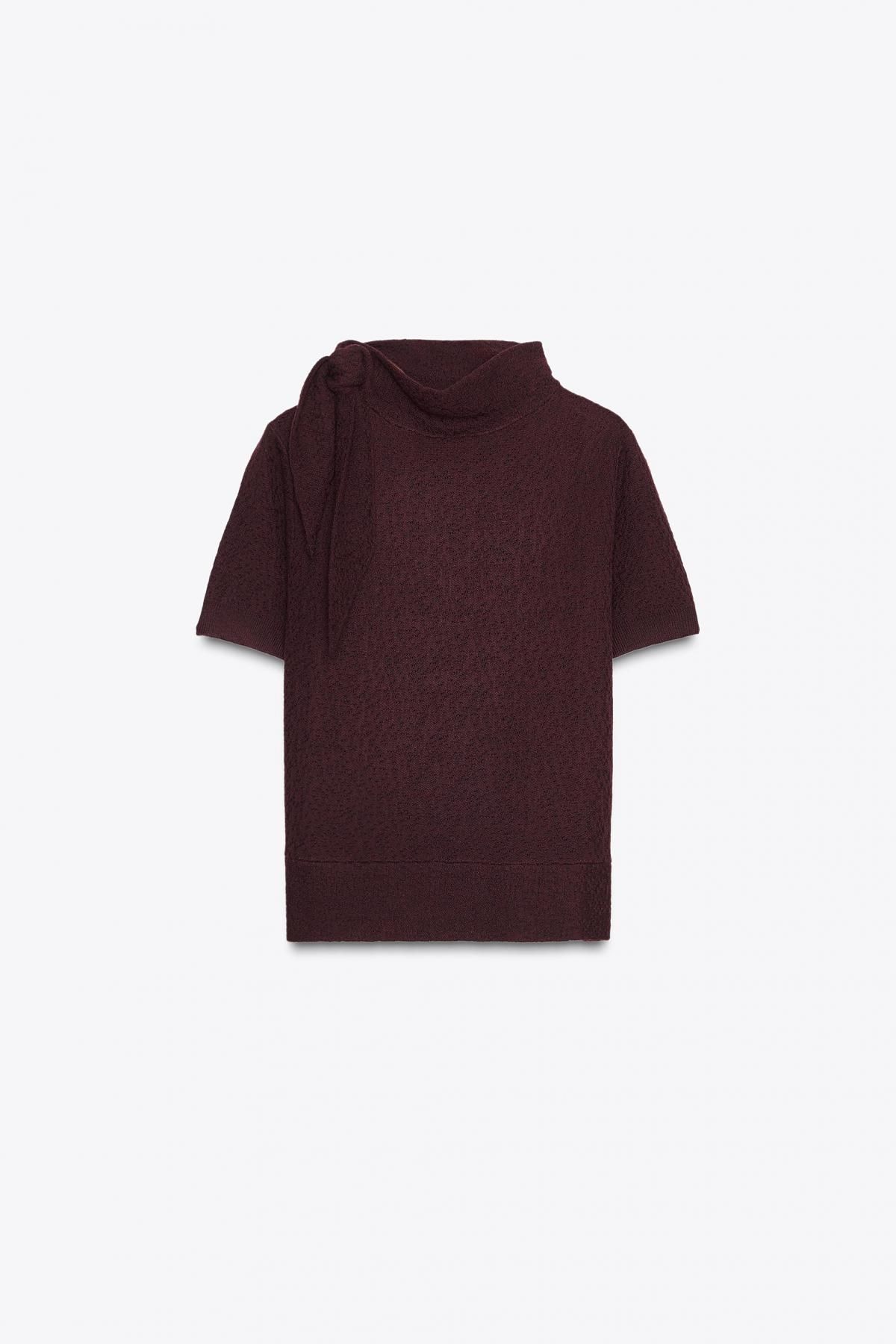 자라 테크니컬 하이넥 니트 매듭 반팔 탑 9598/210 BURGUNDY - 상품 이미지