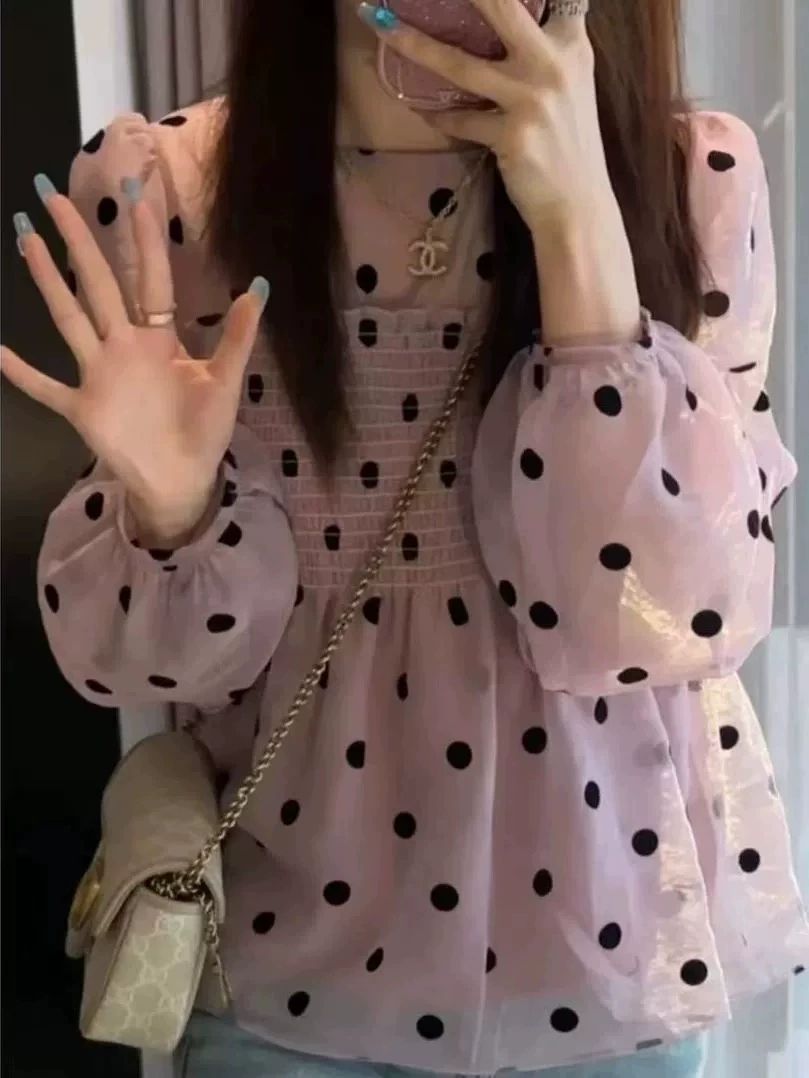 여성 도트 블라우스 슬리브 무늬 타이넥 프릴넥 시스루 프릴 러플 시스루블라우스 살구색 S 40.0-50.0kg - 상세 이미지 3