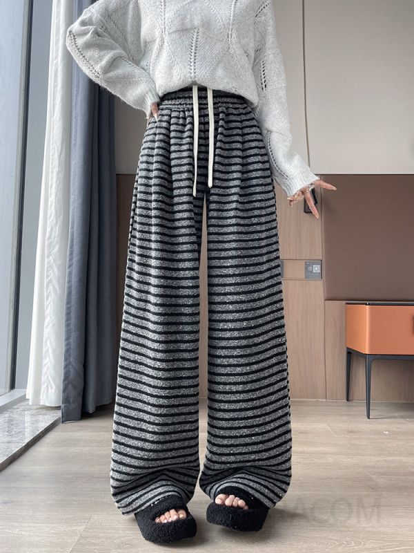 여성 하이웨이스트 와이드팬츠 가을 스트라이프 드레이프 스타일 편안한 캐주얼 바지 트렌디한 데일리룩 스트레이트 핏 외출용 - 상세 이미지 4