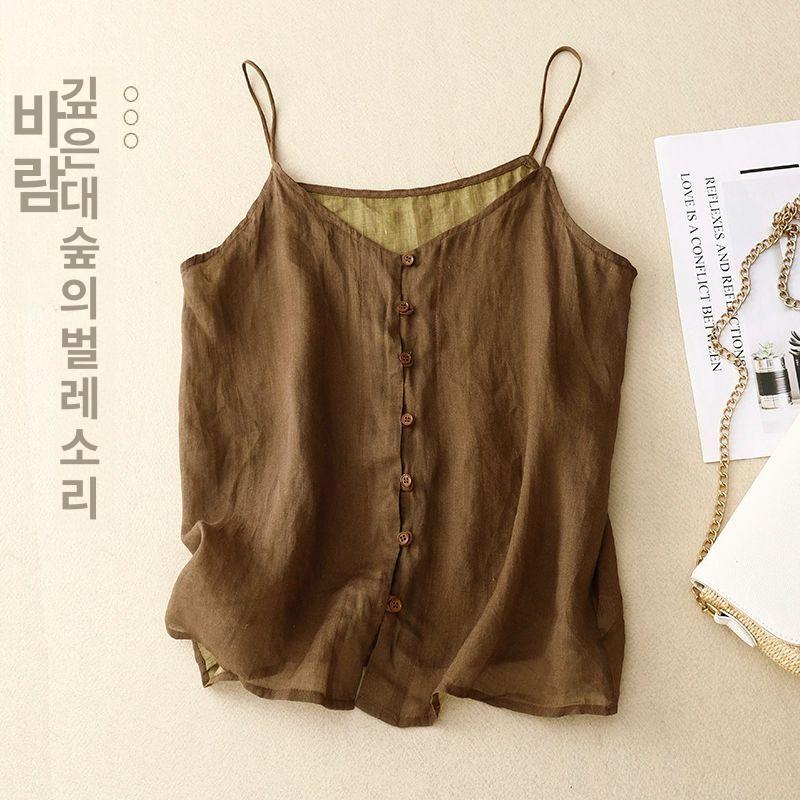 린넨 이너 셔츠 덮는 나시티 빅사이즈 상의 봄가을 썸머 루즈핏 끈나시 면 티셔츠 커피 M - 상세 이미지 5