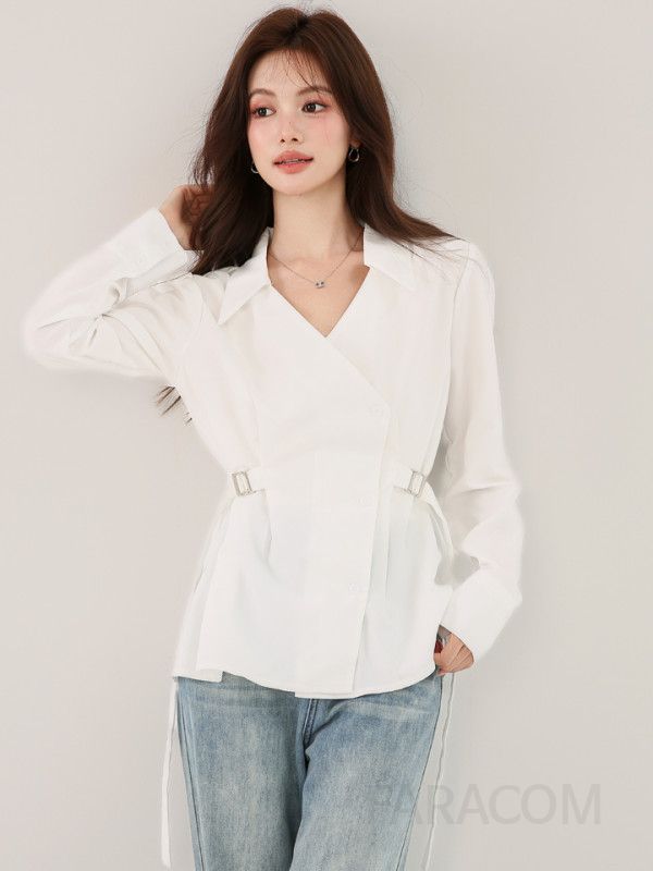 여성 브이넥 레이스 긴팔 블라우스 가을 슬림핏 캐주얼 스타일 데일리 패션 다용도 셔츠 세련된 디자인 편안한 착용감 - 상세 이미지 2