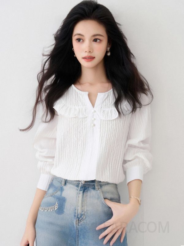 화이트 러플 긴팔 블라우스 여성 가을용 루즈핏 고급스러운 데일리 스타일링 쉬운 우아한 디자인 하객룩 코디 - 상품 이미지