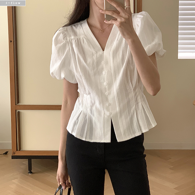 포트 브이넥 자수 허리 핀턱 퍼프 블라우스 2col 봄 여름 코튼 레이스 자수 제이플로우 - 상세 이미지 2