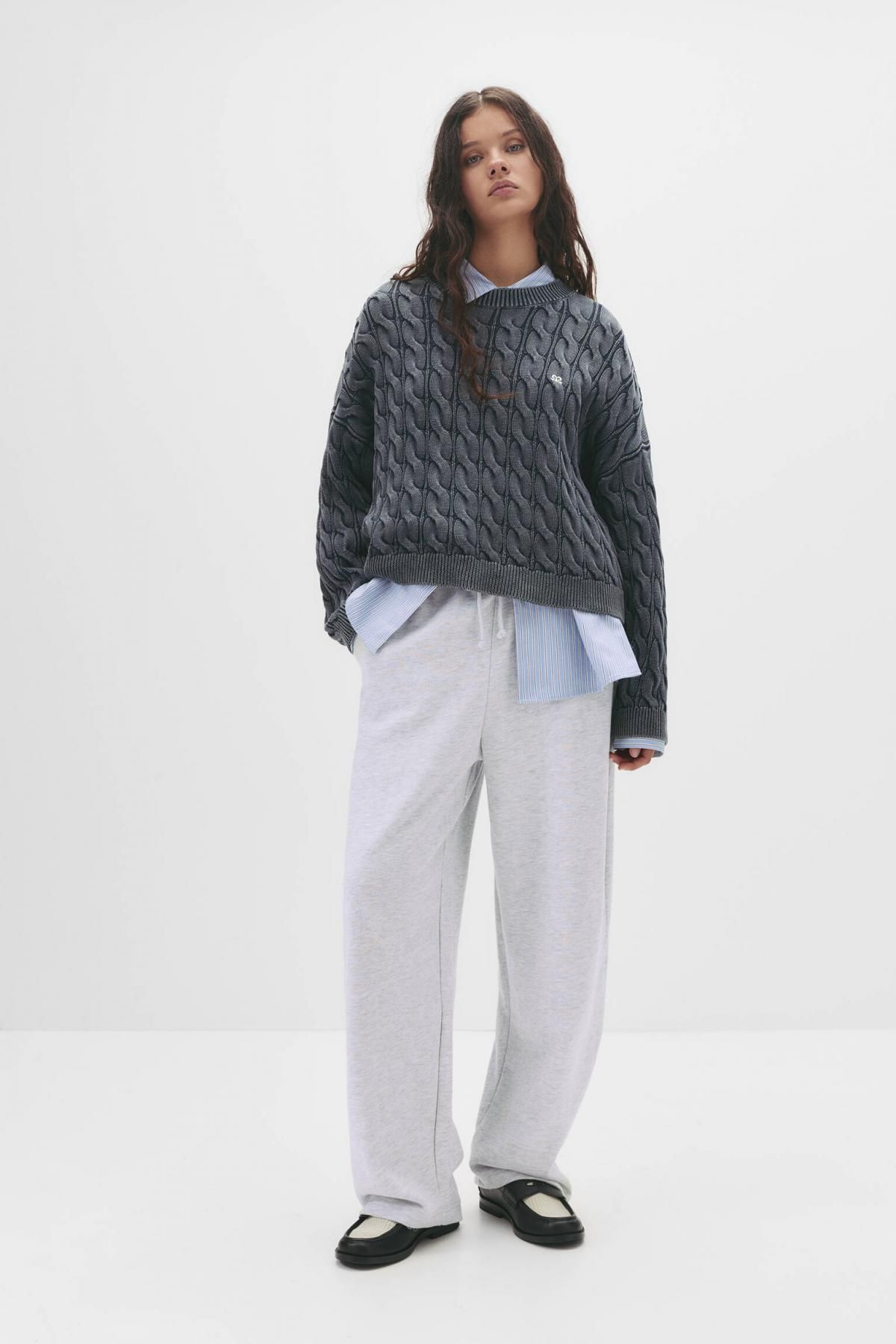 풀앤베어 와이드핏 코튼 조거 스웨트 팬츠 7675/398 GREY MARL - 상세 이미지 2