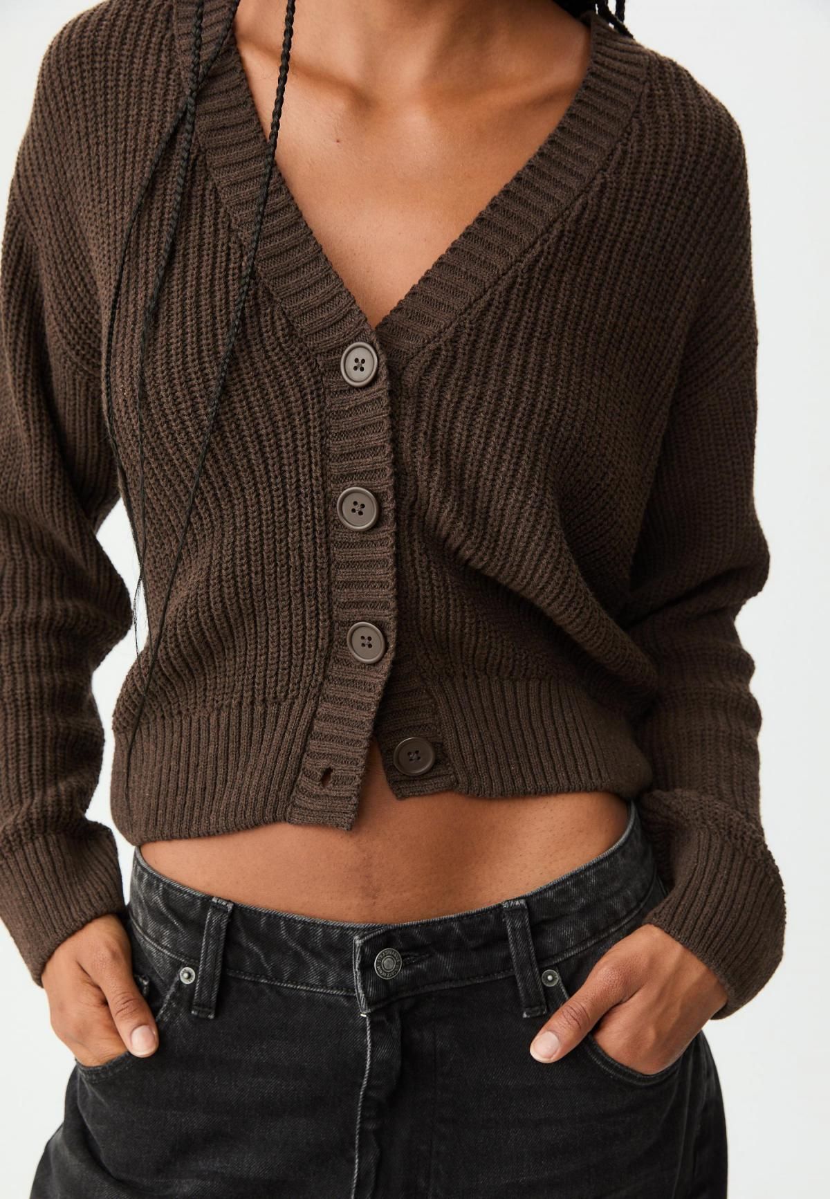 스트라디바리우스 데일리 브이넥 니트 버튼업 가디건 7549/958 BROWN - 상세 이미지 4