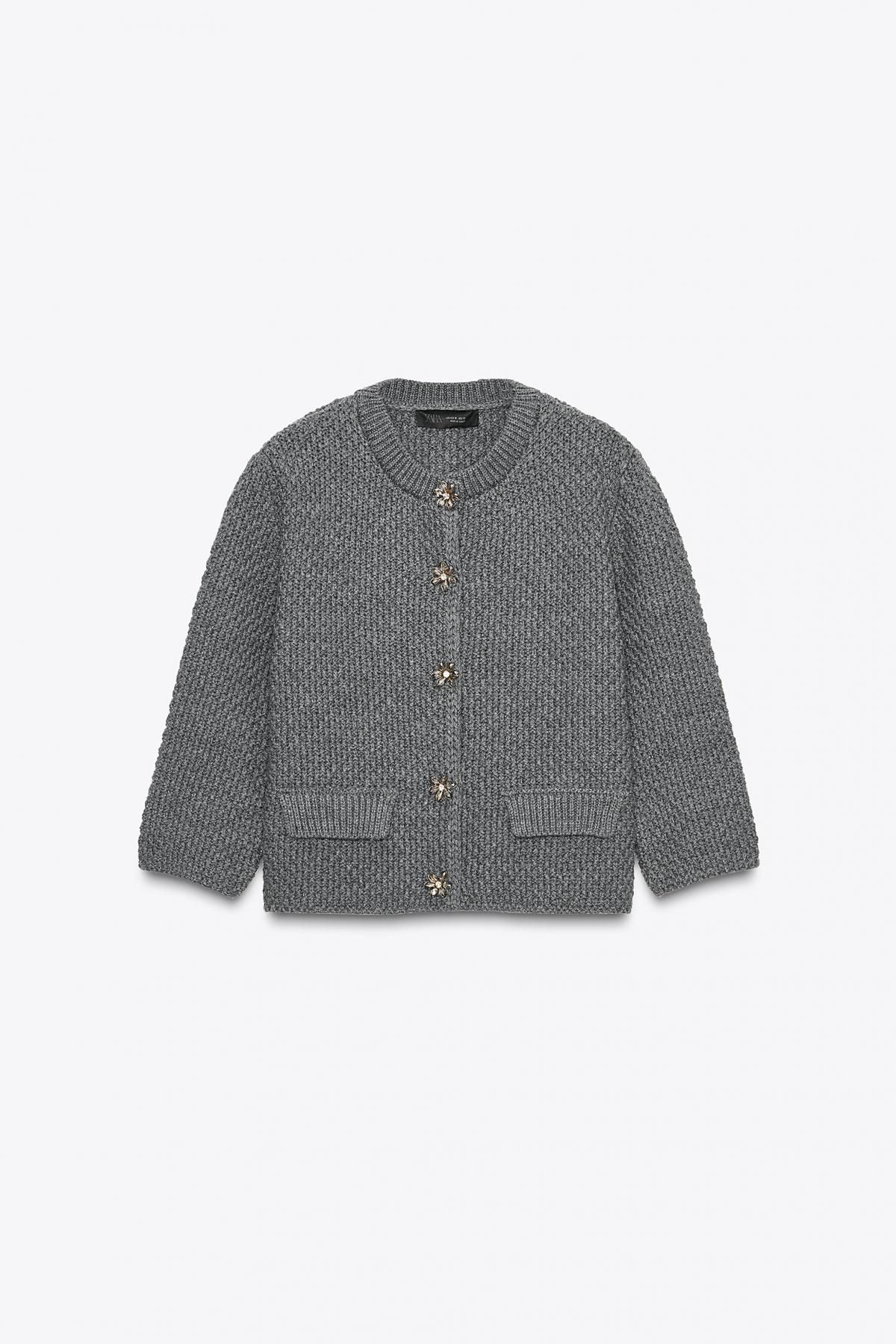 자라 라운드넥 라인스톤 버튼 니트 가디건 6427/114 GREY - 메인 이미지