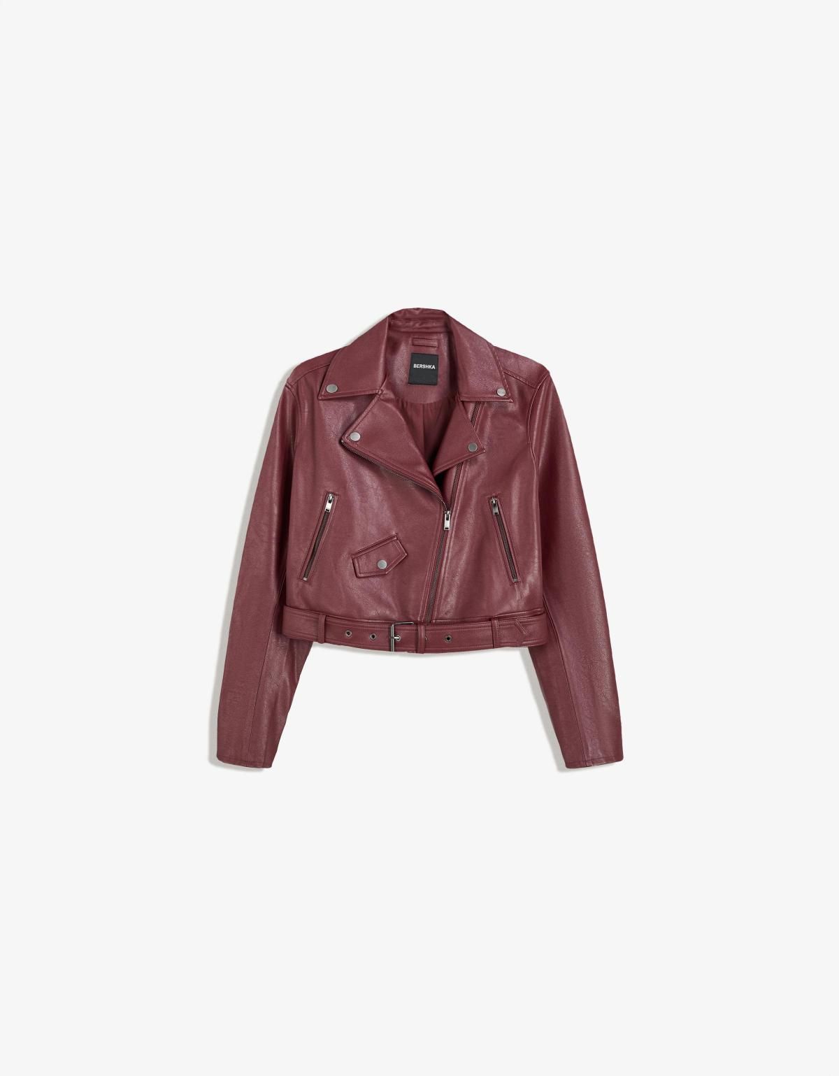 버쉬카 레더 효과 크롭 바이커 재킷 1415/741 BURGUNDY - 상품 이미지
