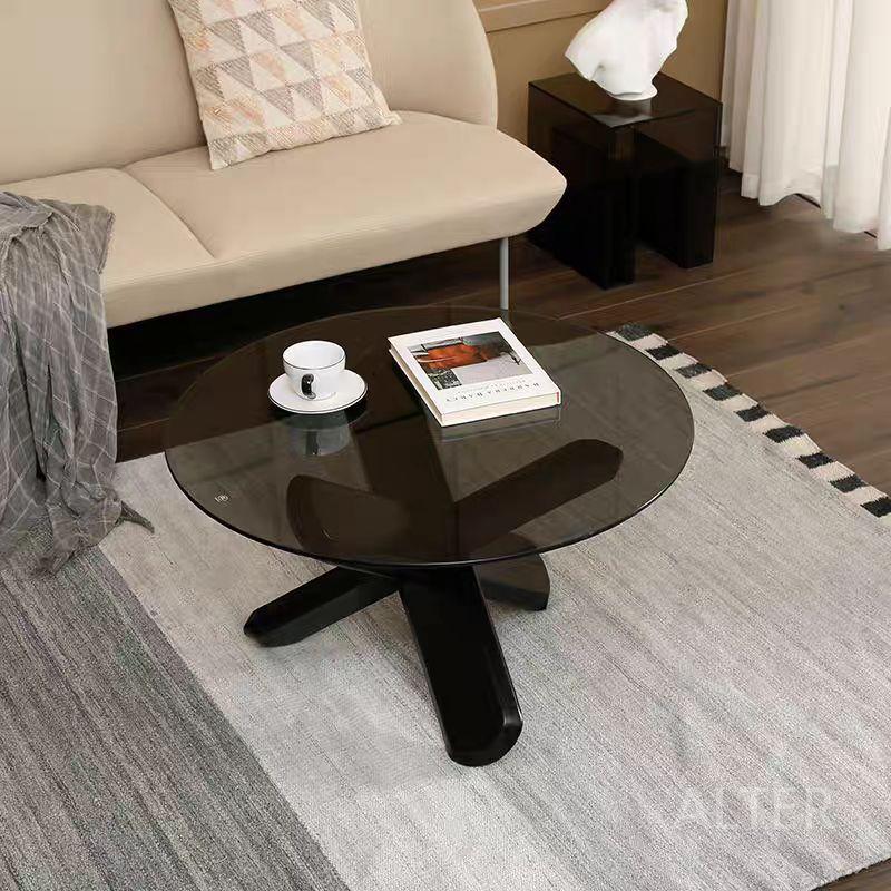 테이블 우드 원목 커피 사이드 좌식 그레이 유리 원형 60x45cm 원목 - 상세 이미지 4