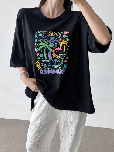 폼나나 Pomnana 오버핏 프린팅 휴가 반팔 기본 봄 가을 드로잉 티셔츠 - 상품 이미지