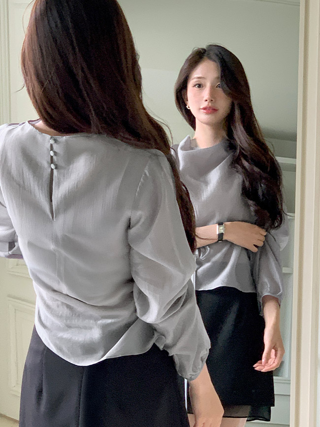 실크 언발 스트랩 드레이프 긴팔 블라우스 오피스 하객룩 bs8442 - 상세 이미지 3