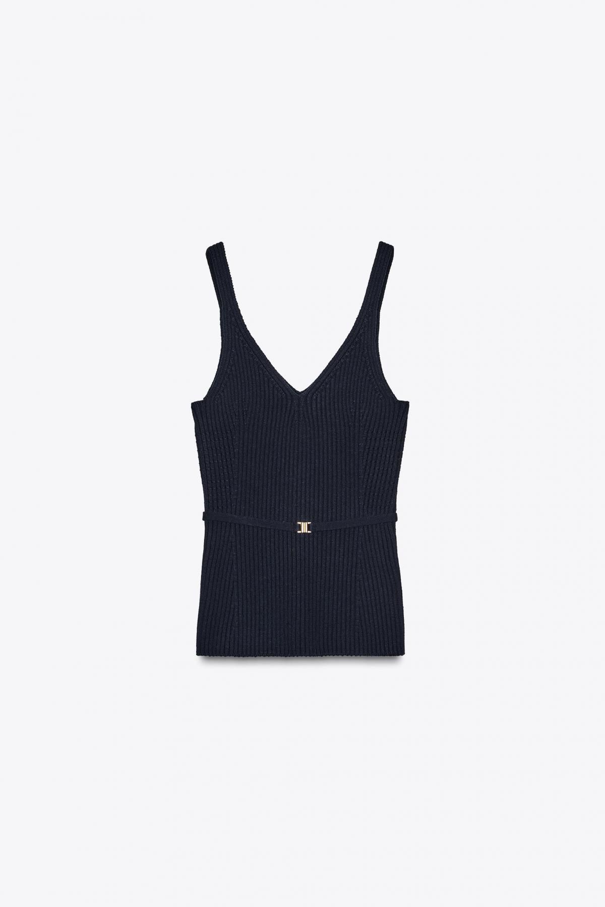 자라 골드 벨트 브이넥 골지 니트 스트랩 탑 9598/156 NAVY BLUE - 메인 이미지