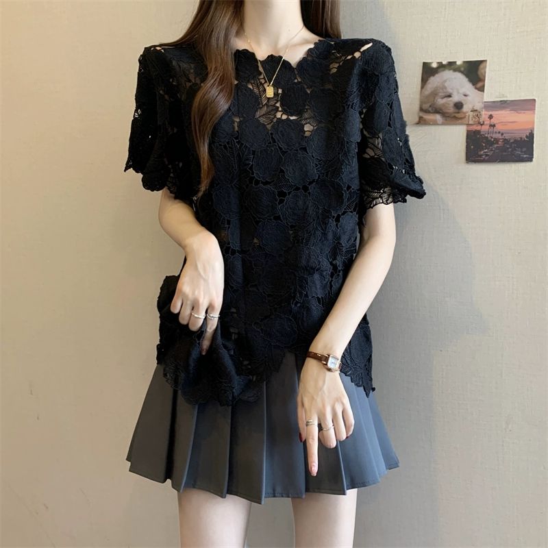 레이스 셔츠 느슨한 우아한 프릴 데일리룩 여성을위한 복고풍 여성용 블라우스 슬리브 화이트 M - 상세 이미지 3