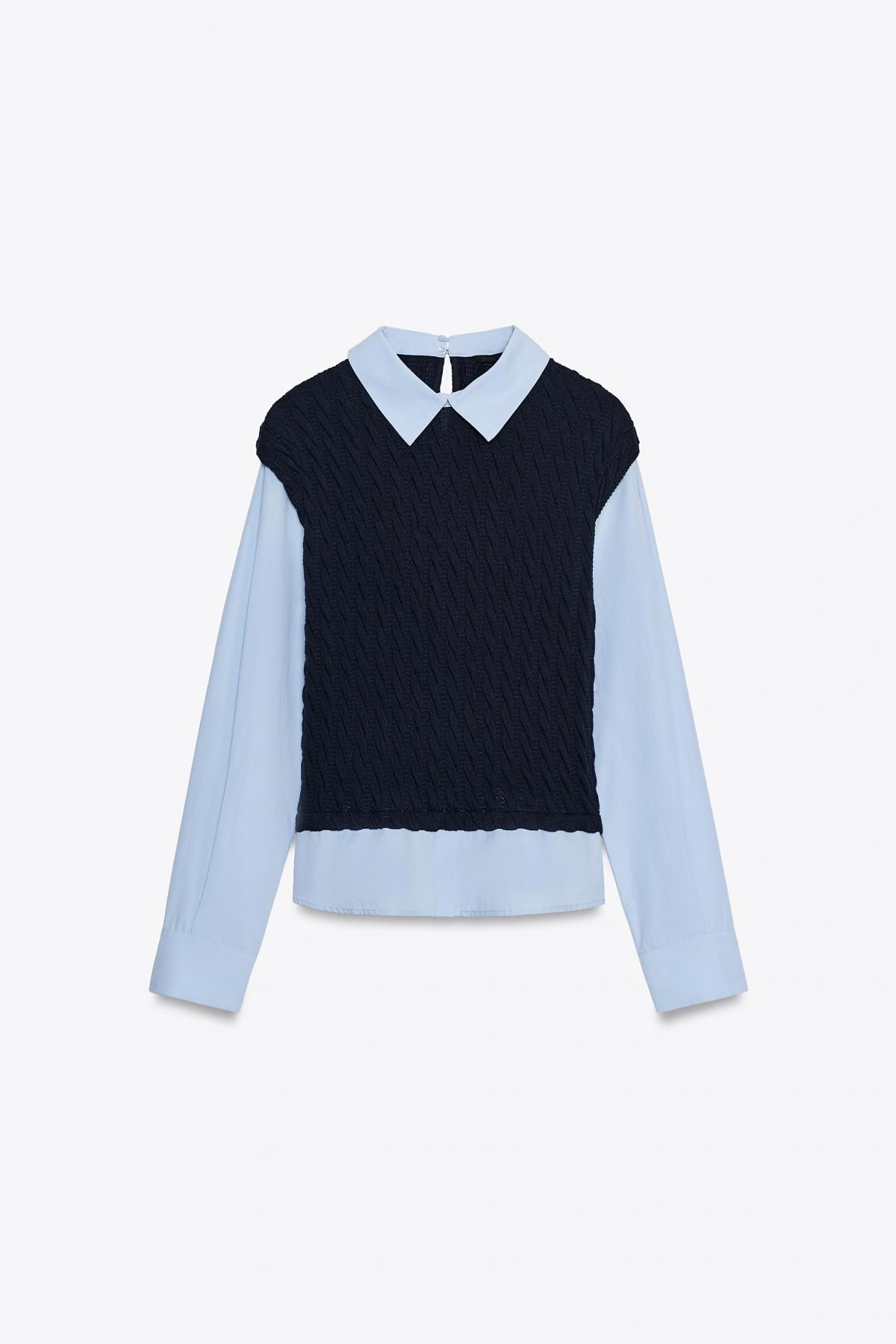 자라 콤비 테크니컬 포플린 니트 믹스 긴팔 셔츠 1971/163 NAVY BLUE - 메인 이미지