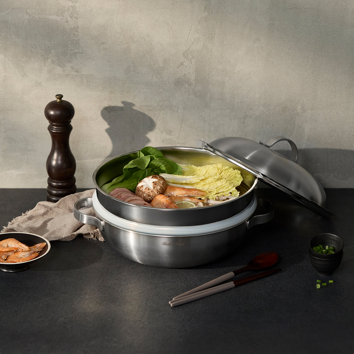 롤스보일 스텐 인덕션 국산 통3중 316L 라이트 파티웍 28cm+스티머+스텐뚜껑 / 포토리뷰 - 메인 이미지