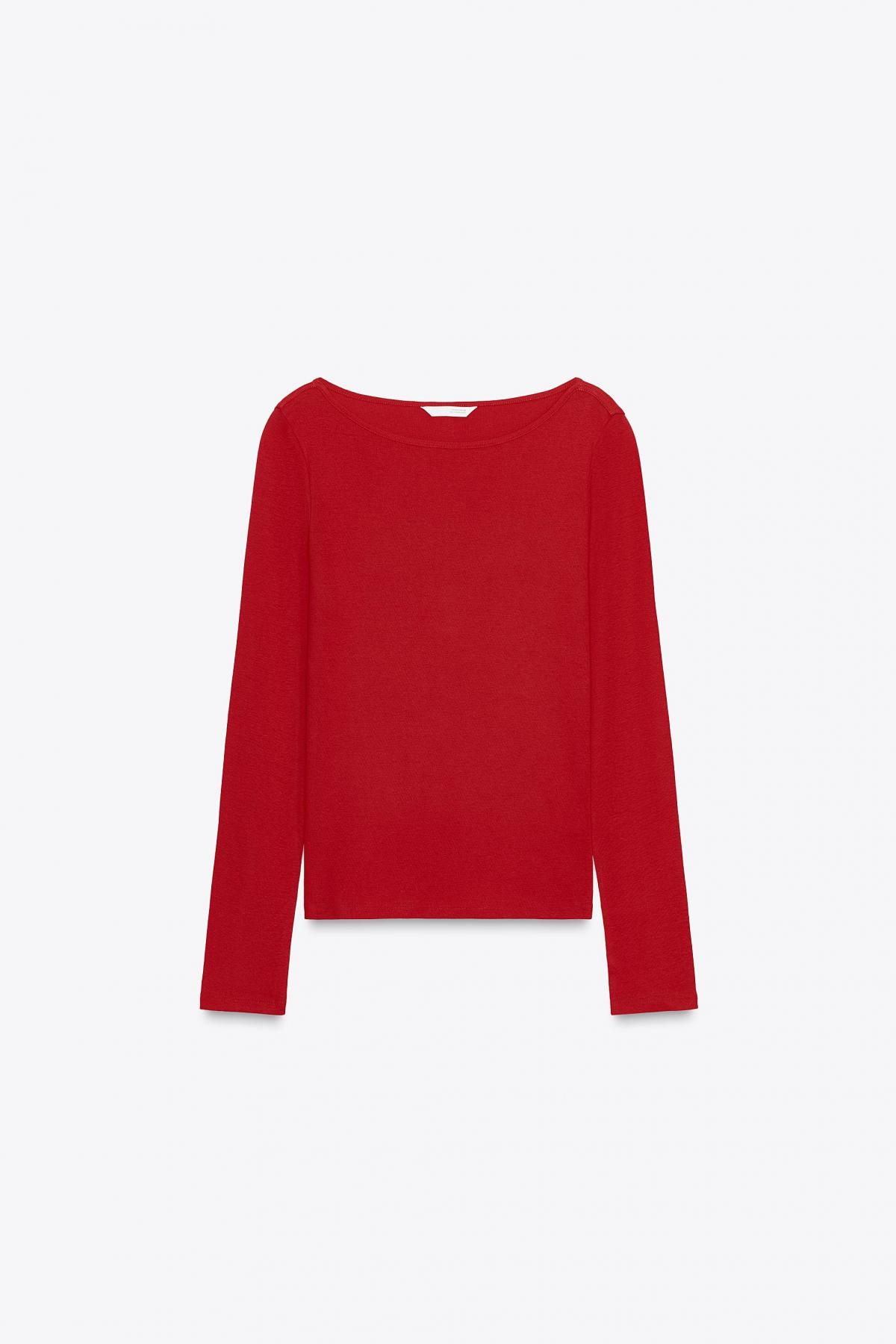 자라 레드 코튼 보트넥 긴팔 티셔츠 4424/634 RED - 메인 이미지