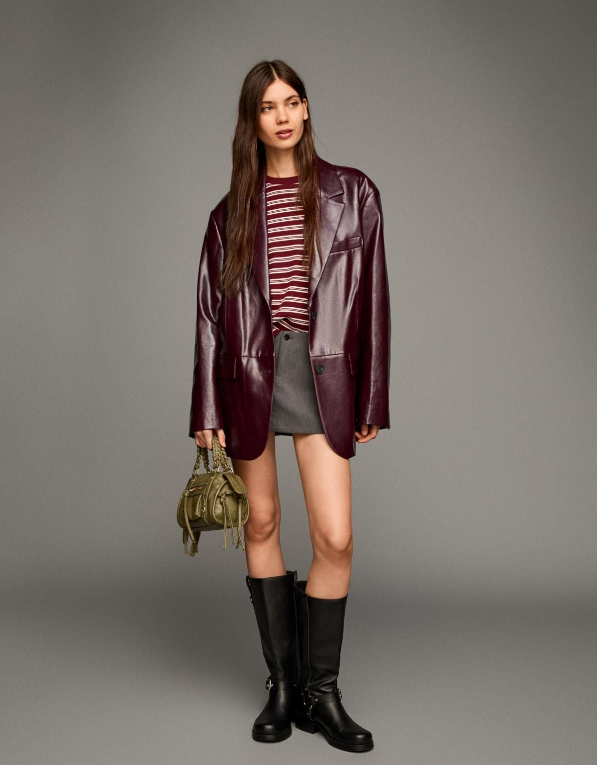 버쉬카 오버핏 페이크 레더 테일러드 블레이저 6538/677 BURGUNDY - 상세 이미지 2