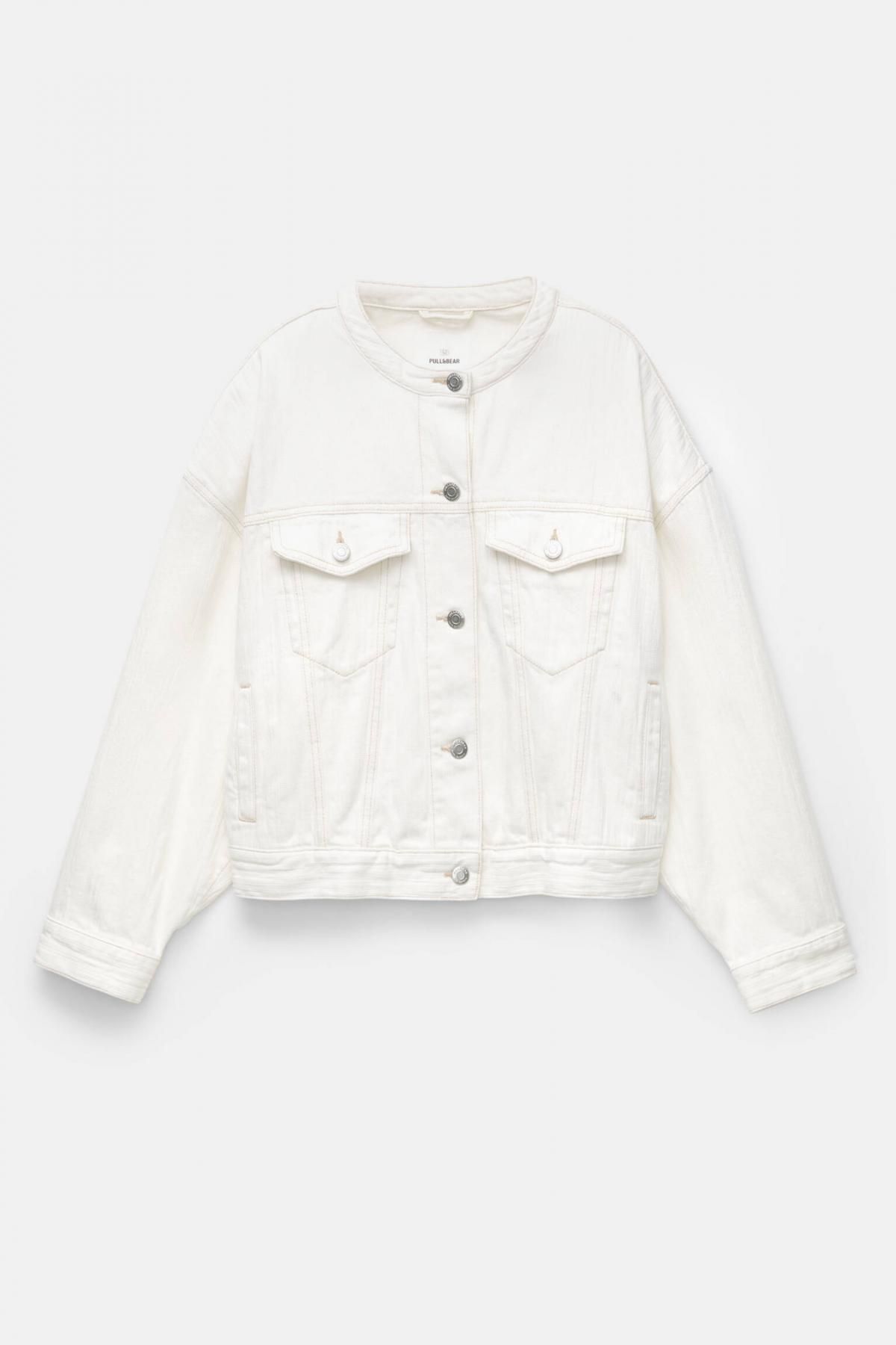 풀앤베어 텍스처 화이트 데님 노카라 크롭 재킷 7700/300 WHITE - 상품 이미지