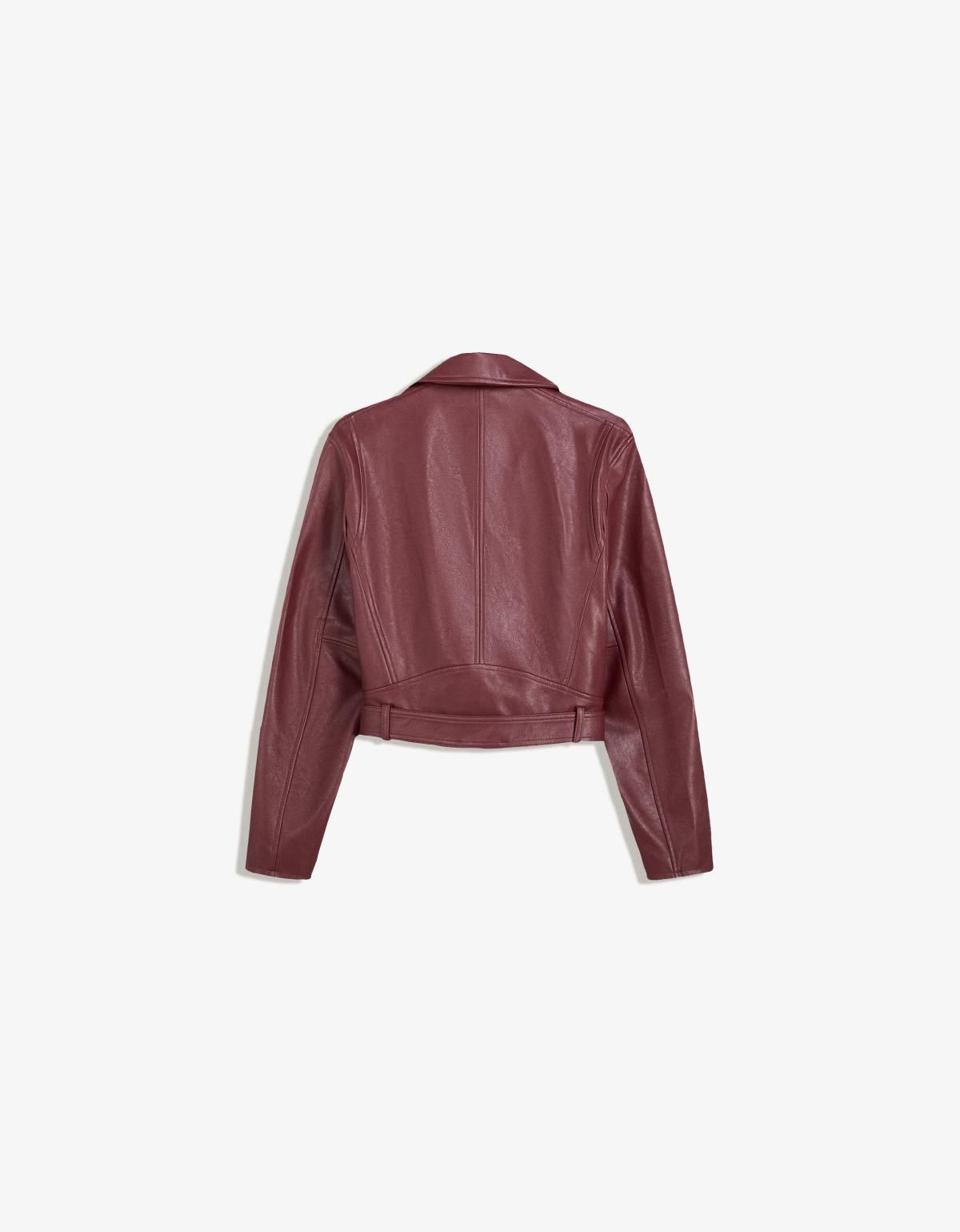 버쉬카 레더 효과 크롭 바이커 재킷 1415/741 BURGUNDY - 상세 이미지 5