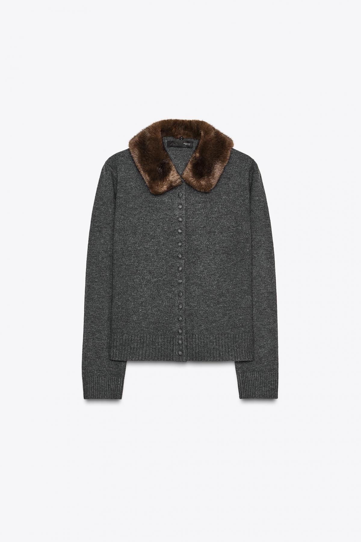 자라 페이크 퍼 라펠 칼라 니트 가디건 2756/105 ANTHRACITE GREY - 메인 이미지