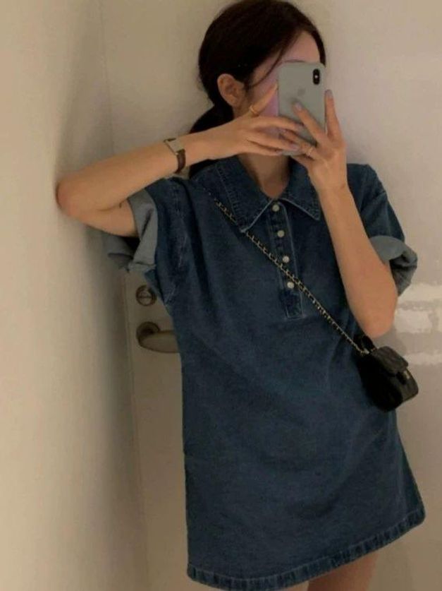반팔 카라 원피스 여름 기본핏 무지티 프리사이즈 데님 여성 단추 데이트룩 여름원피스 라이트블루 프리 사이즈 - 상세 이미지 2