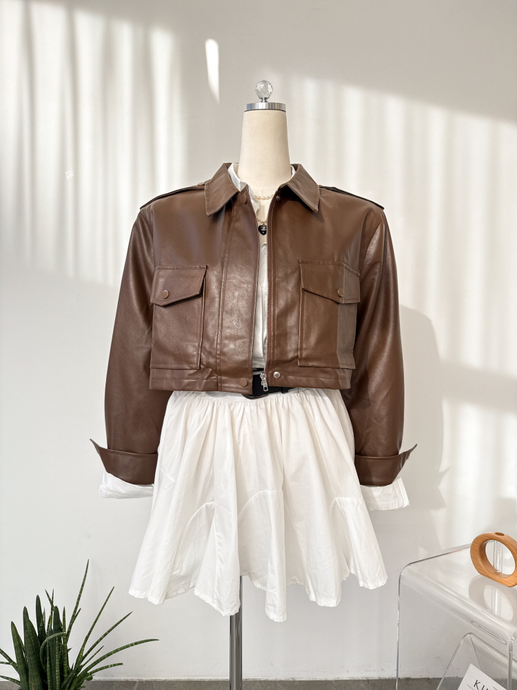 크롭 빅포켓 견장 레더 자켓