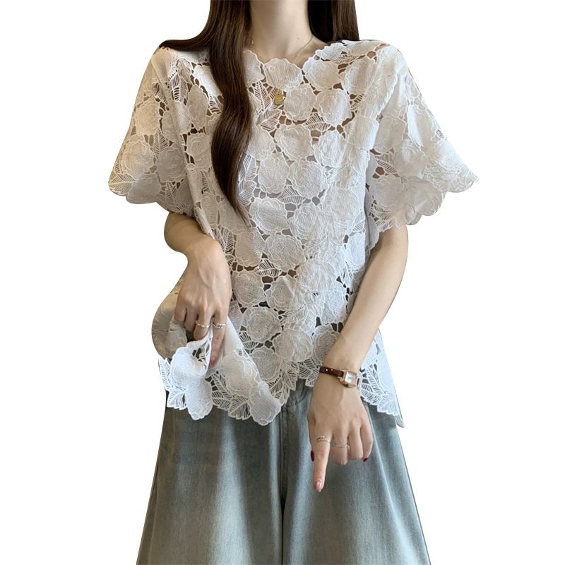 레이스 셔츠 느슨한 우아한 프릴 데일리룩 여성을위한 복고풍 여성용 블라우스 슬리브 화이트 M - 상세 이미지 5