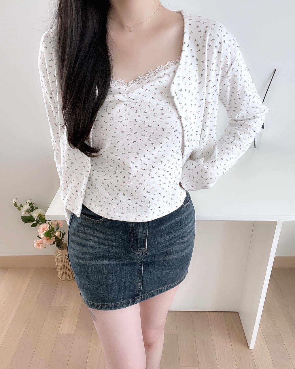 간절기 가을 플라워 레이스펀칭 나시가디건세트 - 상품 이미지
