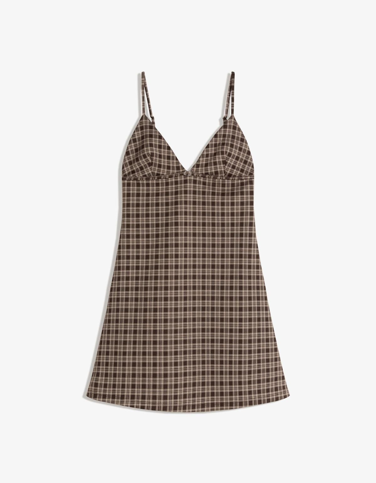 버쉬카 체크 패턴 스트랩 미니 원피스 6045/326 BROWN - 상품 이미지