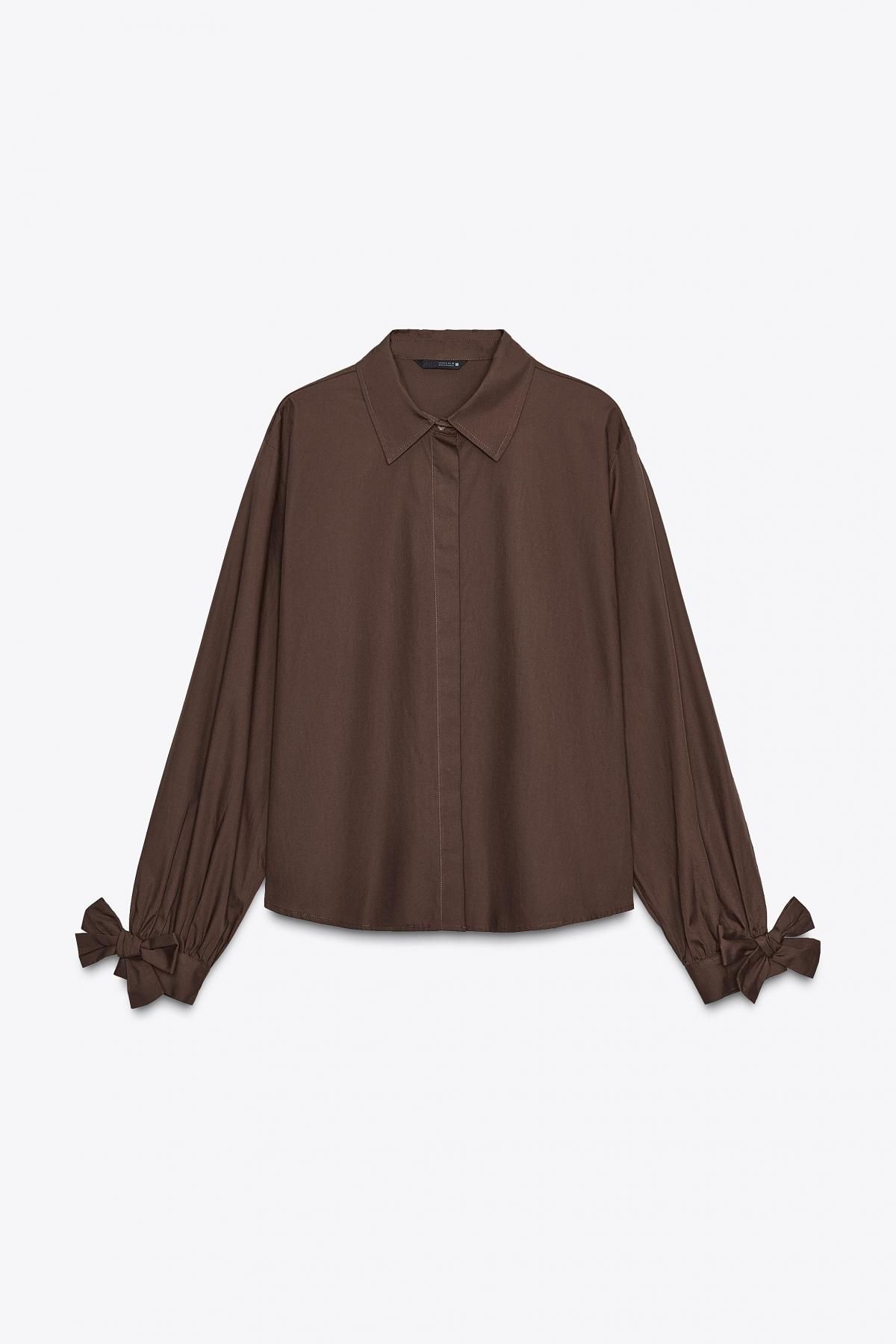 자라 모던 브라운 포플린 타이 긴팔 셔츠 7969/229 DARK BROWN - 메인 이미지