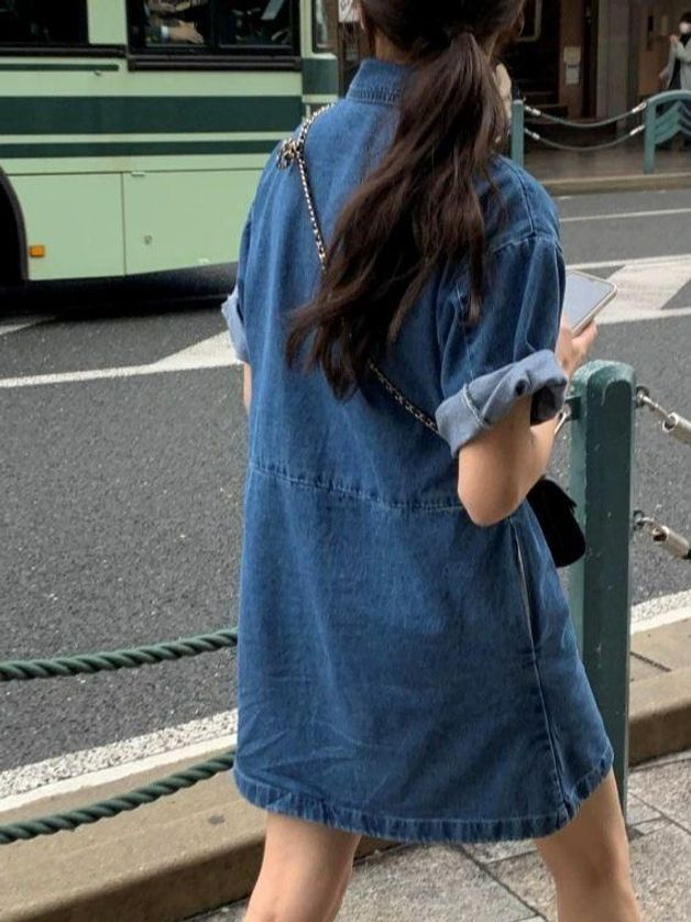 반팔 카라 원피스 여름 기본핏 무지티 프리사이즈 데님 여성 단추 데이트룩 여름원피스 라이트블루 프리 사이즈 - 상세 이미지 3