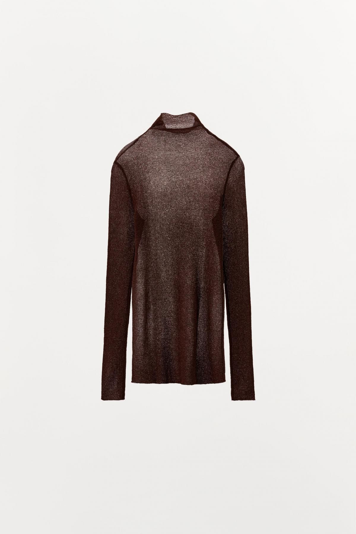 자라 메탈릭 하이넥 시스루 니트 탑 8779/617 BROWN - 상세 이미지 5