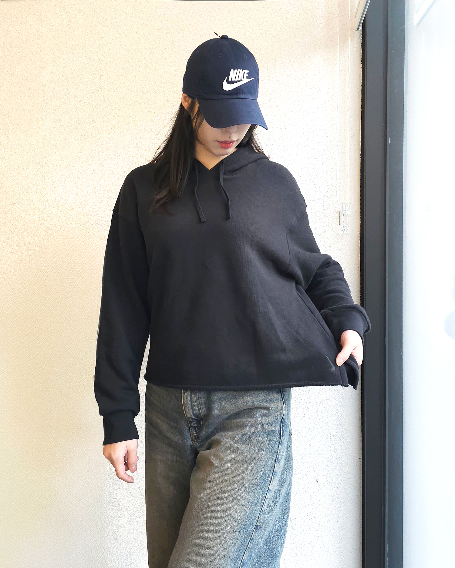 나이키 여성 와플니트 오버핏 크롭 후드 티셔츠 요가복 상의 DV7285블랙, L 이미지 7