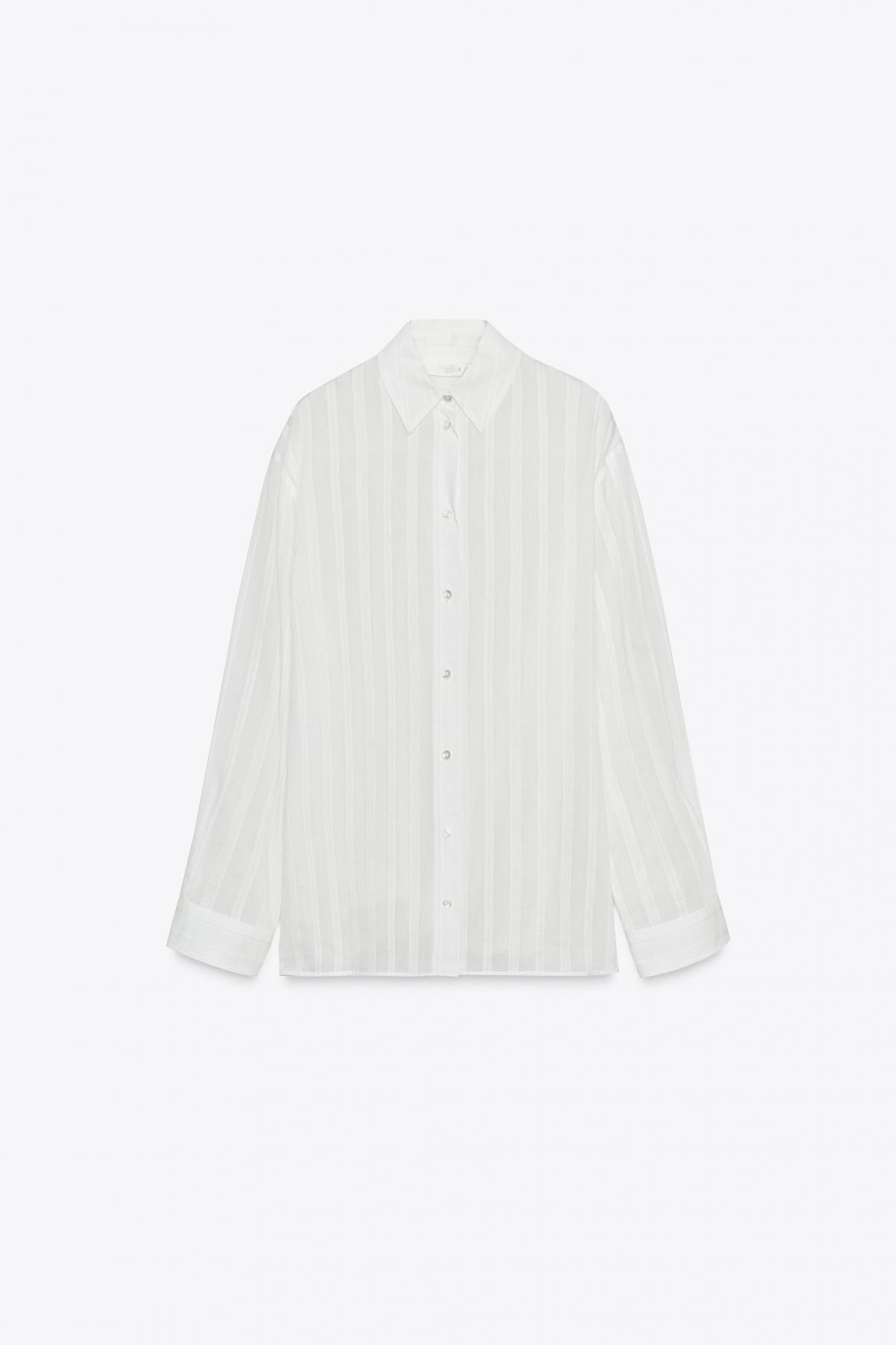 자라 스트라이프 코튼 실크 블렌드 긴팔 셔츠 8654/696 WHITE - 메인 이미지