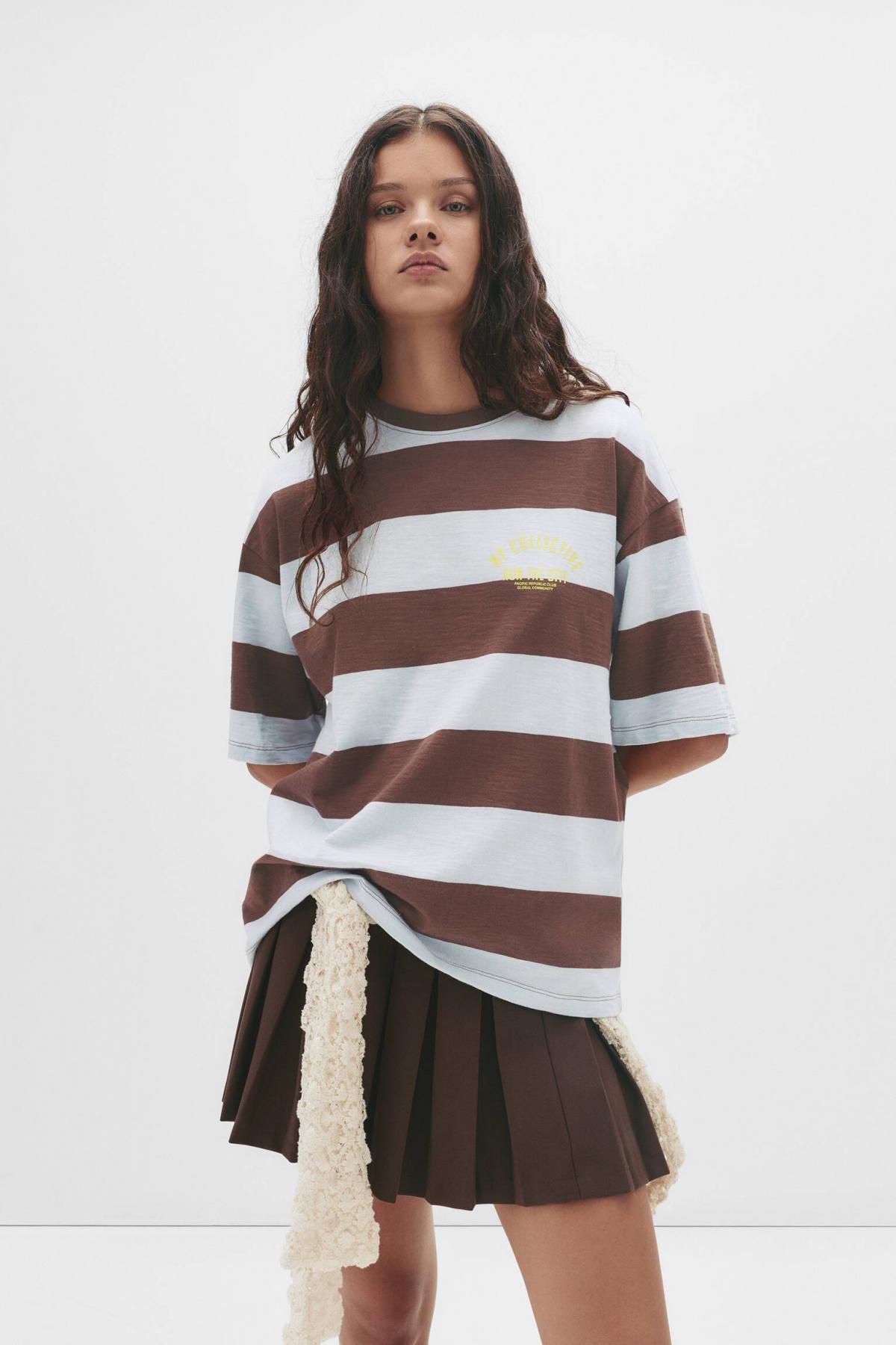 풀앤베어 오버핏 스트라이프 코튼 반팔 티셔츠 7151/375 BROWN - 상세 이미지 3