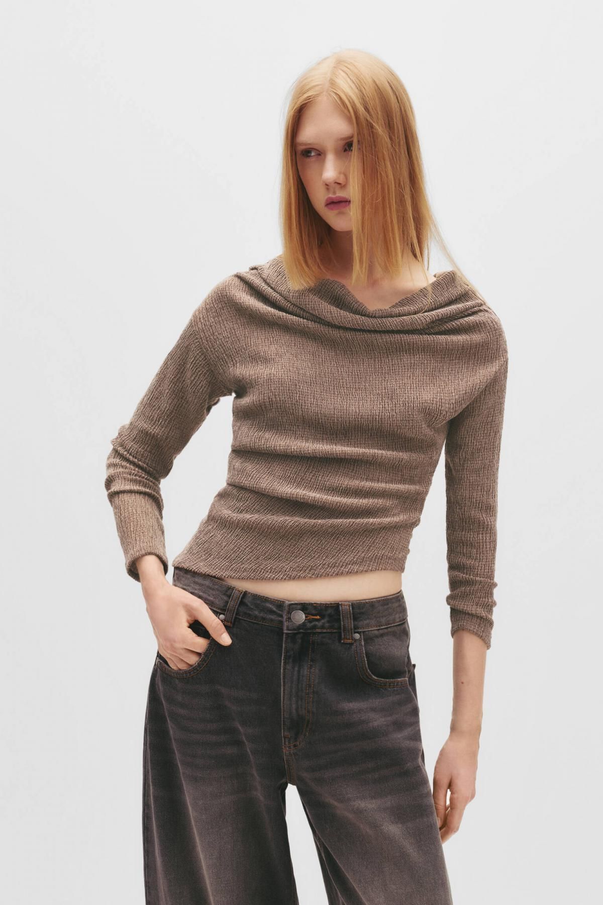 풀앤베어 크레이프 보트넥 긴팔 탑 7152/384 BROWN - 상세 이미지 3