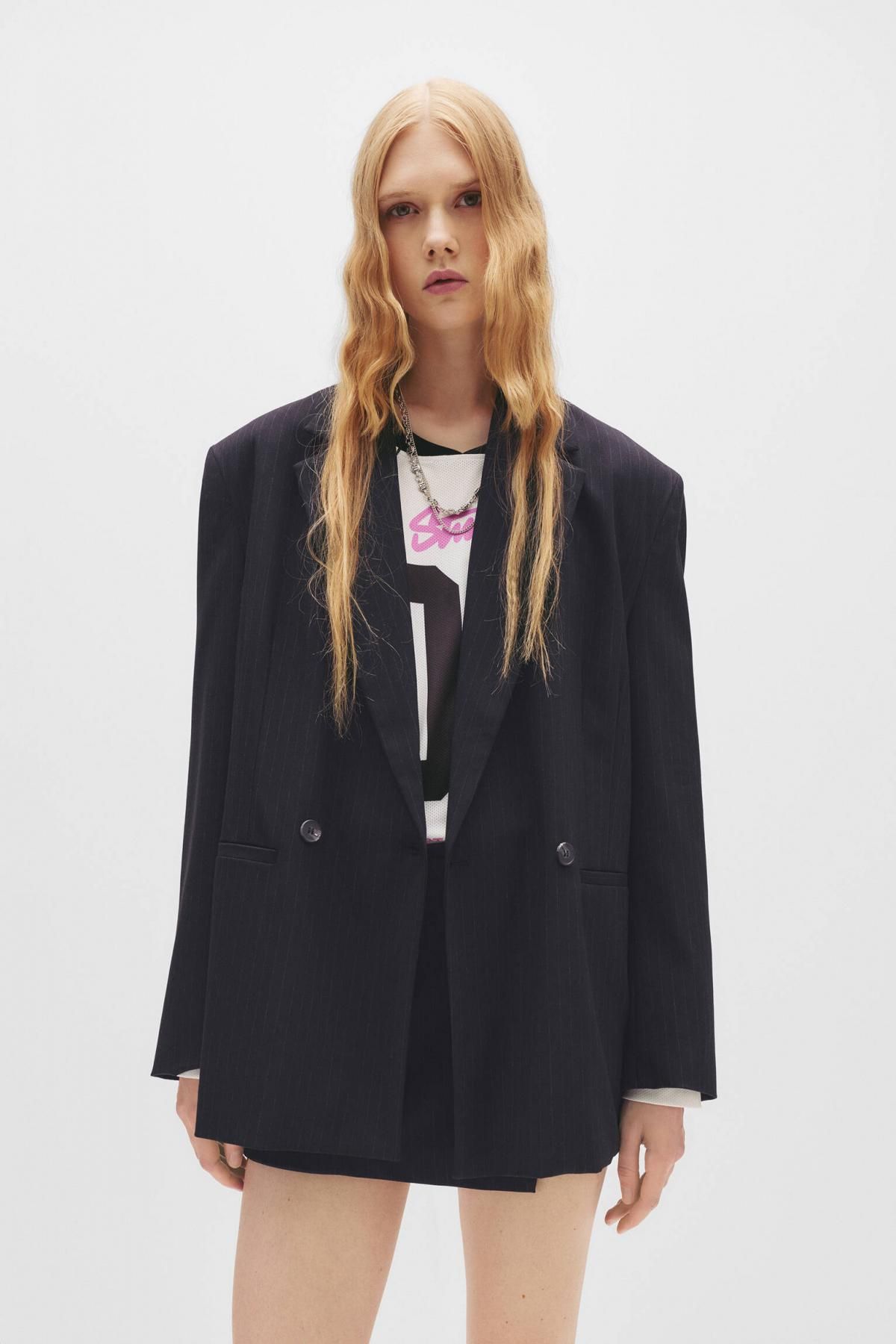풀앤베어 오버사이즈 더블브레스트 핀스트라이프 블레이저 7802/306 STRIPED - 상세 이미지 3