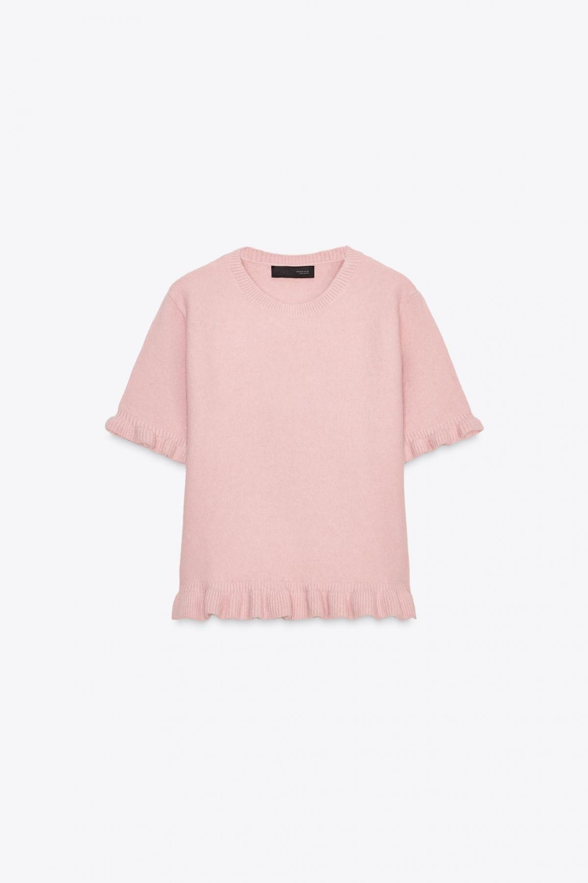 자라 페일핑크 러플 라운드넥 소프트 니트 반팔 티셔츠 2756/130 PASTEL PINK - 메인 이미지