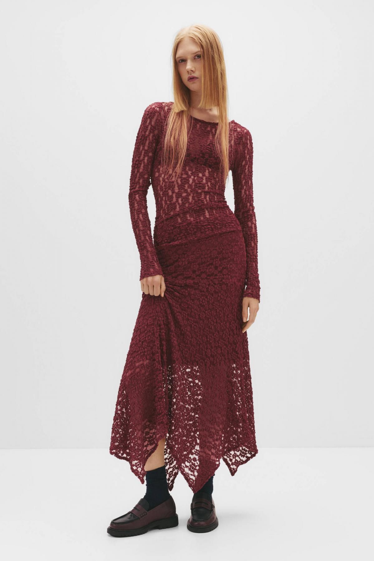 풀앤베어 로맨틱 비대칭 레이스 미디 스커트 7400/352 MAROON - 상세 이미지 3