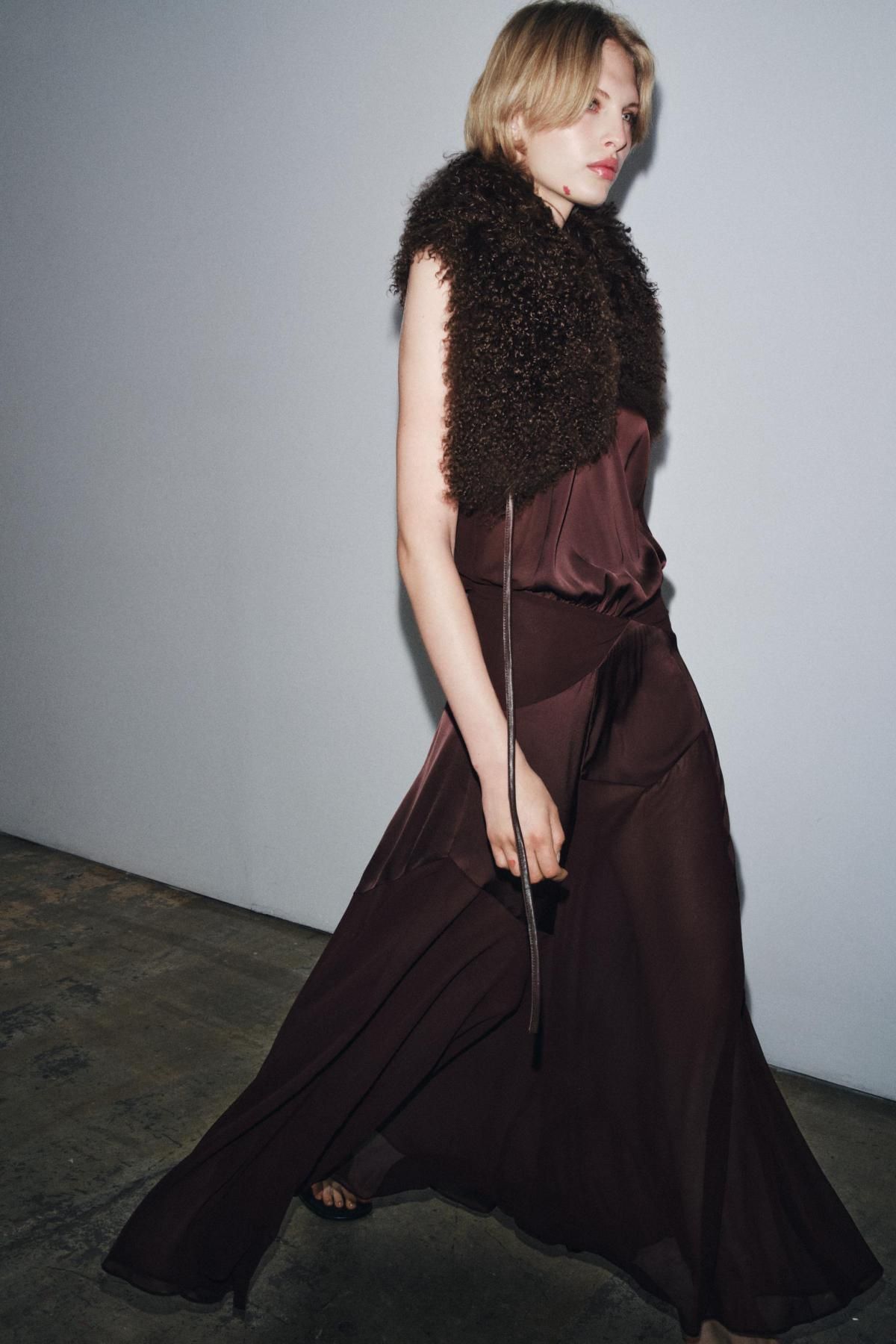 자라 시스루 브이넥 롱 슬립 원피스 1758/618 BURGUNDY - 상세 이미지 2