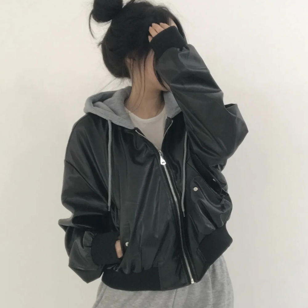 자체제작 호댕몰 2color 후드 레더 가죽자켓 여성용 - 상세 이미지 2