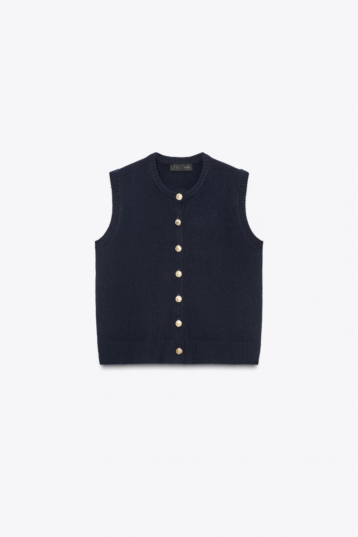 자라 프리미엄 울 라운드넥 골드 버튼 니트 베스트 2893/110 NAVY BLUE - 메인 이미지
