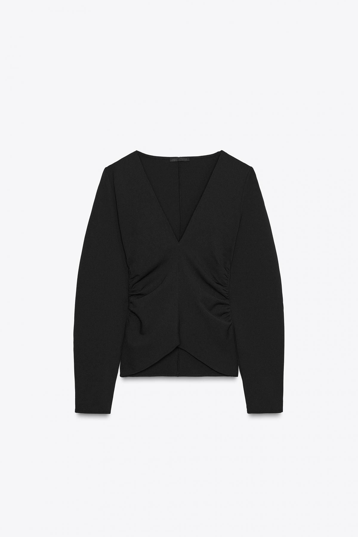 자라 모던 브이넥 셔링 크레이프 긴팔 탑 3644/814 BLACK - 메인 이미지