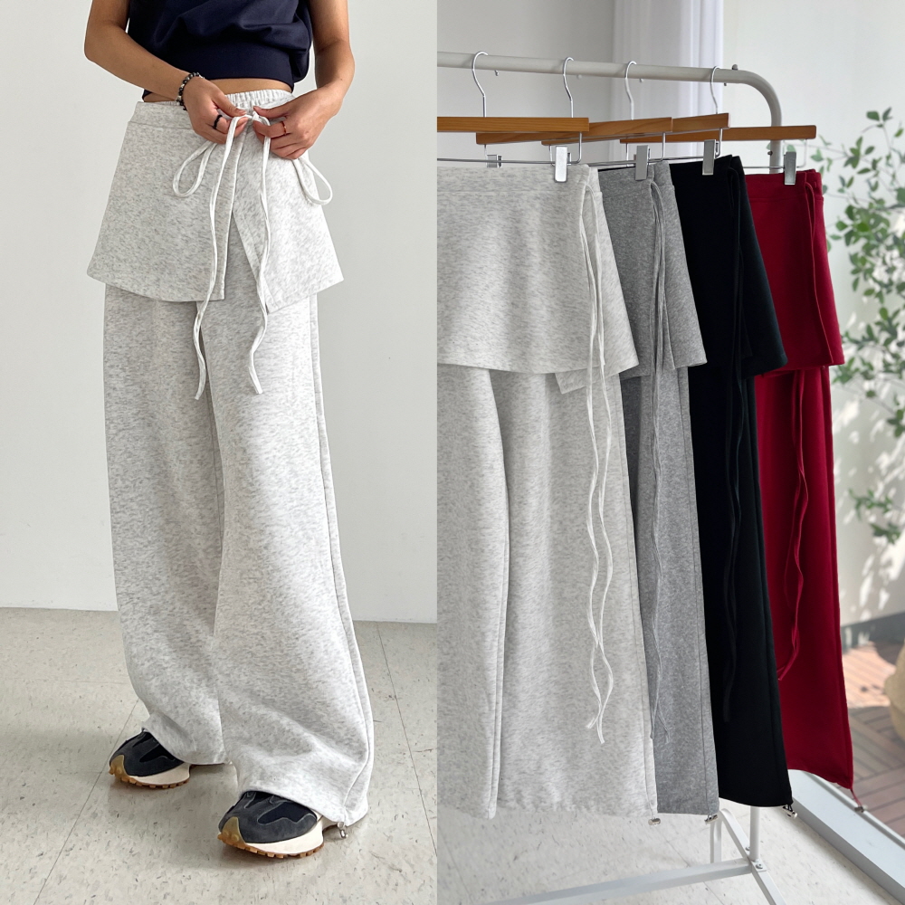 레이어드 치마바지 랩스커트팬츠 스트링조거 밴딩 와이드 트레이닝팬츠 여성 통바지 트레일랩