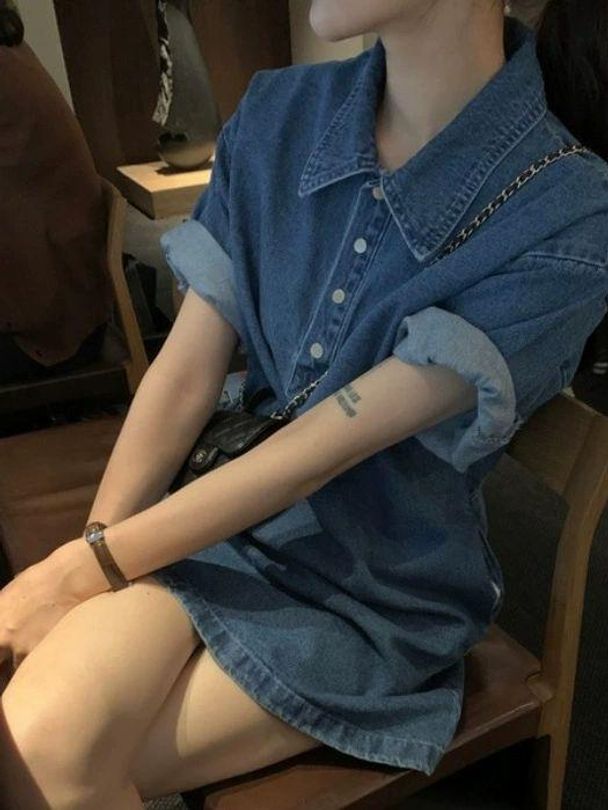 반팔 카라 원피스 여름 기본핏 무지티 프리사이즈 데님 여성 단추 데이트룩 여름원피스 라이트블루 프리 사이즈 - 상세 이미지 4