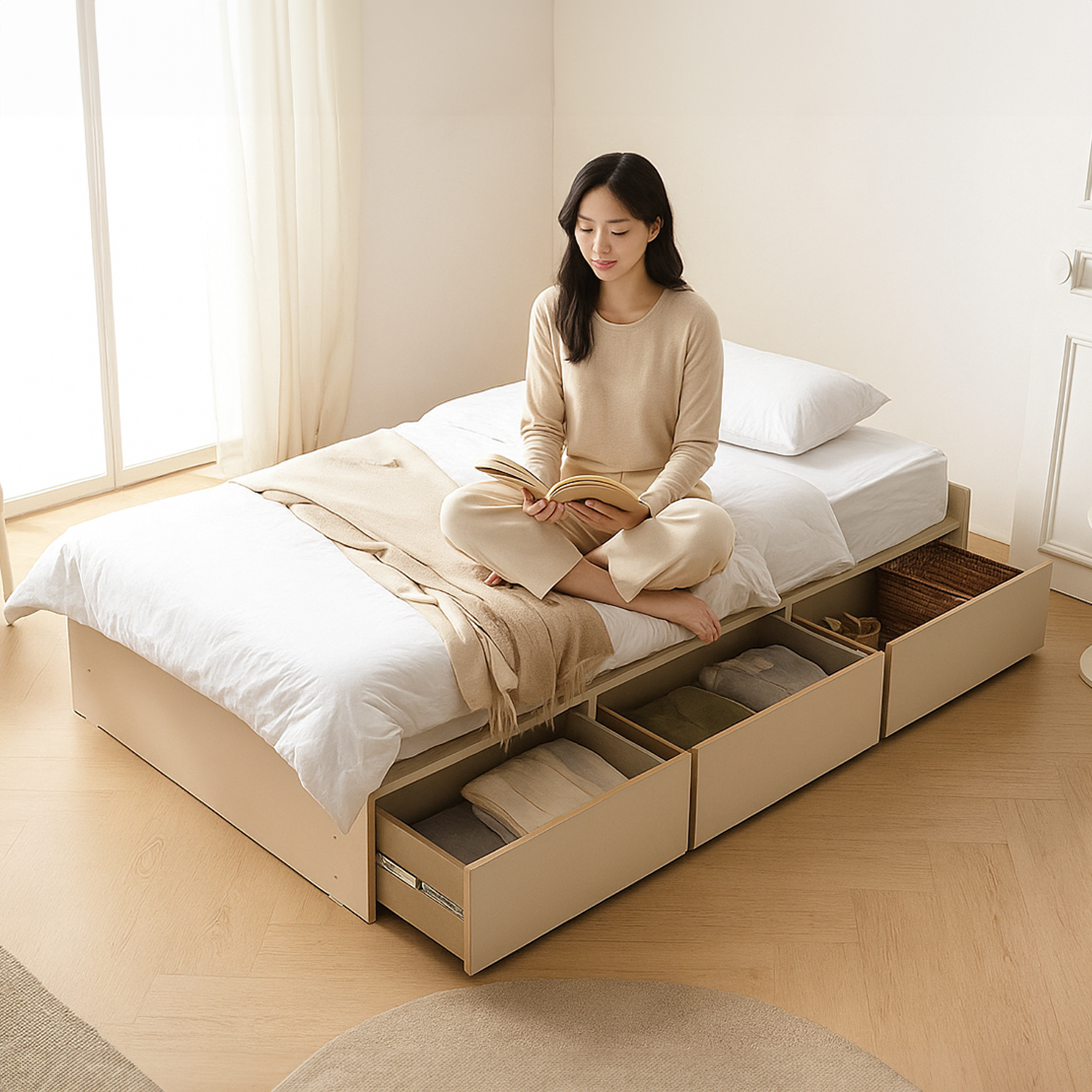 서랍형 침대프레임 서랍 수납 침대 좁은방 베드 SS(슈퍼싱글), 크림화이트