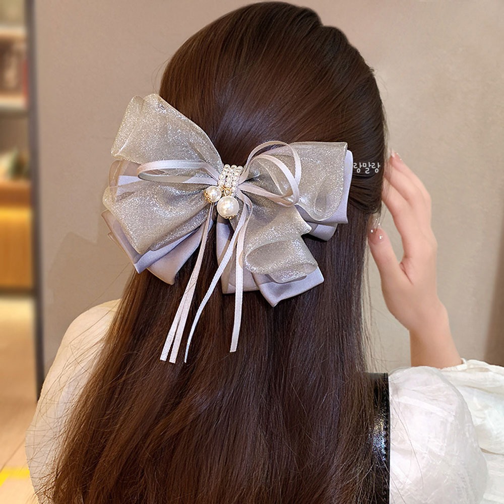 러블리 그레이 왕리본핀 반묶음머리핀 진주 리본자동삔 - 상세 이미지 2