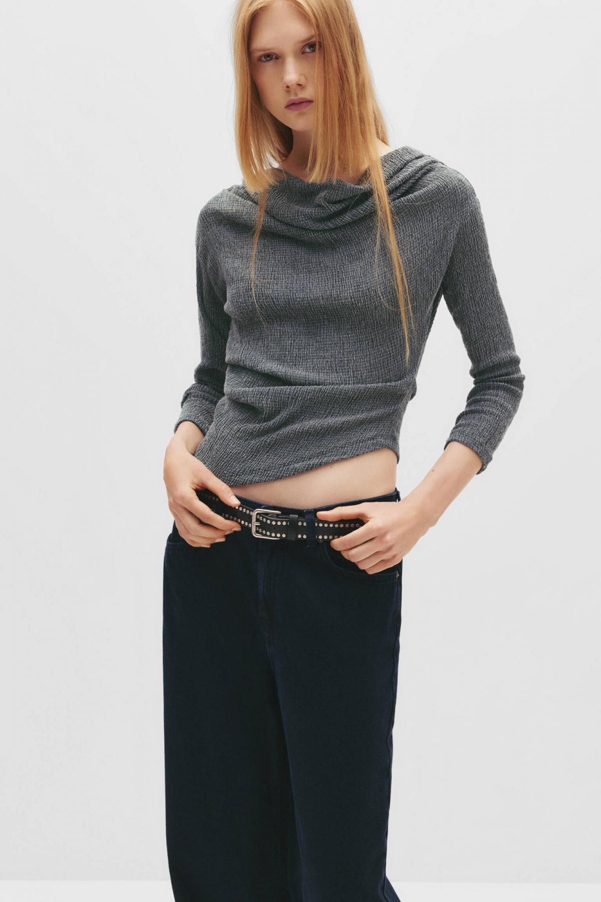 풀앤베어 오버사이즈 보트넥 크레이프 긴팔 탑 7152/384 GREY - 상세 이미지 3