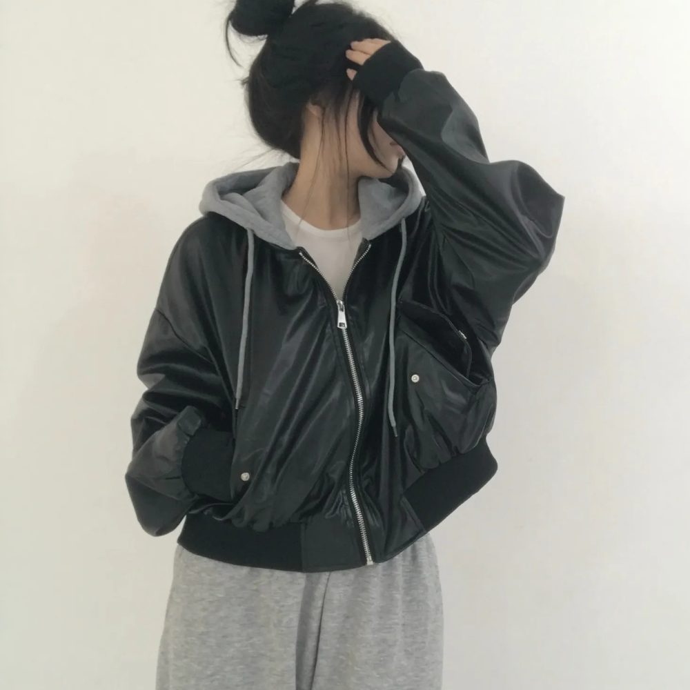 자체제작 호댕몰 2color 후드 레더 가죽자켓 여성용 - 상세 이미지 3